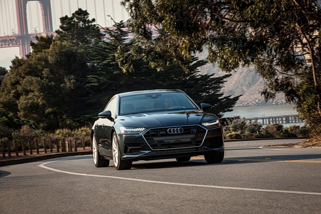 2019 Audi A7 driving along Lincoln Blvd with SF Golden Gate Bridge in background