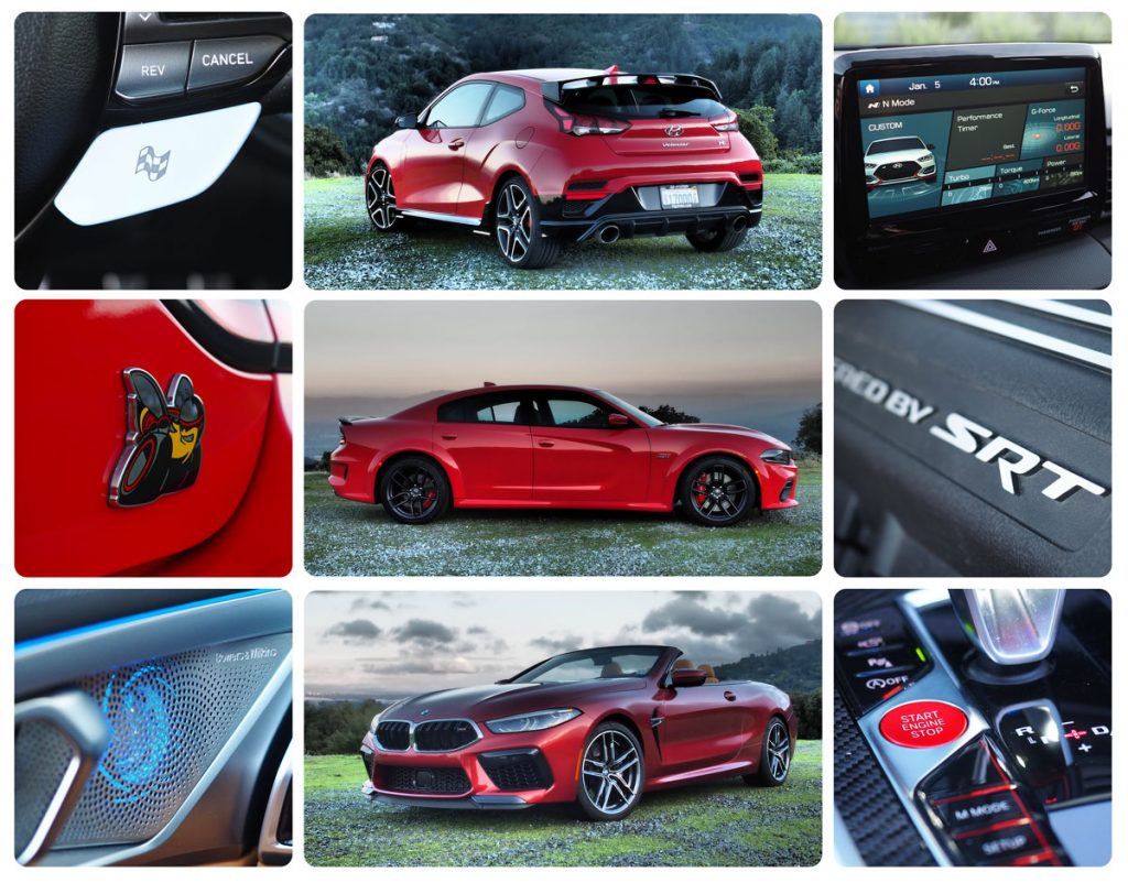 hyundai veloster n, dodge charger scat pack, bmw m8 convertible collage